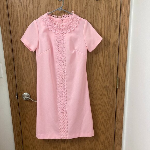 Dresses & Skirts - Vintage 1960s Baby Pink Shift Dress with Applique Lace Trim - 6